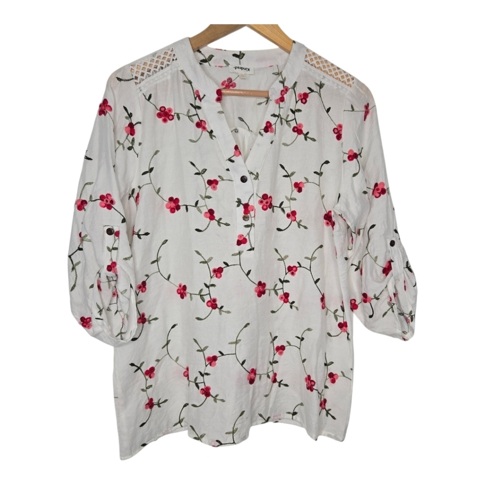 Kindred Womens Pink Floral Embroidered Lace Shoulder Blouse Medium